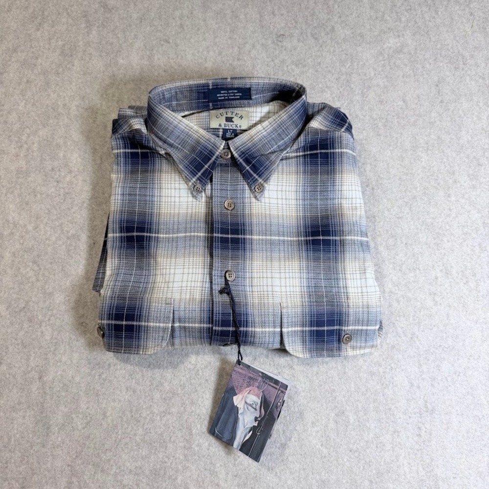 Cutter & Buck Shirt Mns LT Blue Cotton Plaid Button Down Long Sleeve Classic NWT